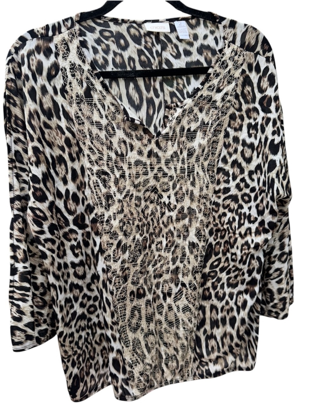 Chico's Top Women's 2 Knit Long Sleeved Brown Embroidered Animal Prin